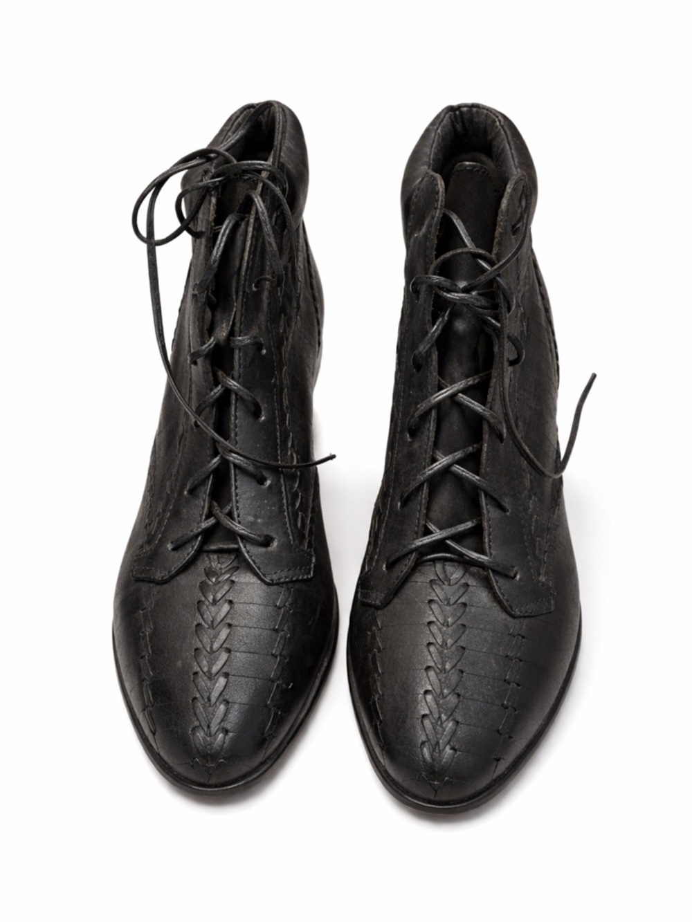 Black Lace-Up Ankle Booties with Braided Stitch Detail - Picture 1 of 3